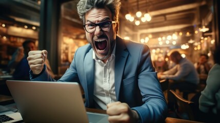 Obraz premium Successful entrepreneur celebrating with fist pump in front of laptop at workplace.