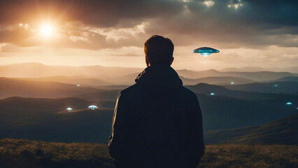 Back View of Man Gazing at UFO in Alien Invasion Scene, Mysterious Flying Saucer in Dramatic Sky,...