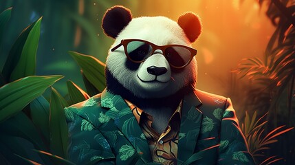 Fashion a dapper panda in shades, munching on bamboo in a bamboo forest on a jade background.