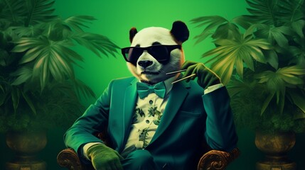 Fashion a dapper panda in shades, munching on bamboo in a bamboo forest on a jade background.