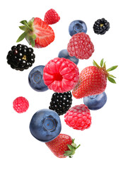 Many different berries flying on white background