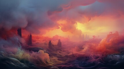 "Colorful smoky tendrils caress a twilight horizon."