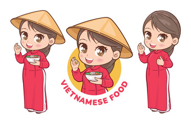 Cute Vietnamese girl wearing traditional dress and conical hat, holding a bowl of Pho soup. Vietnamese food illustration. - obrazy, fototapety, plakaty