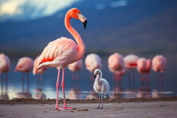 Young flamingo with adult flamingos