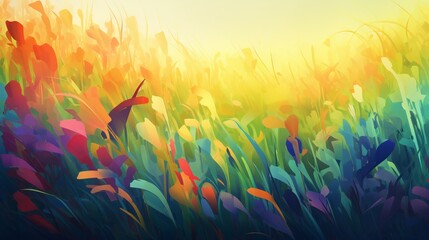 Craft an abstract depiction of a sun-drenched meadow, with each blade of grass a brushstroke of color.