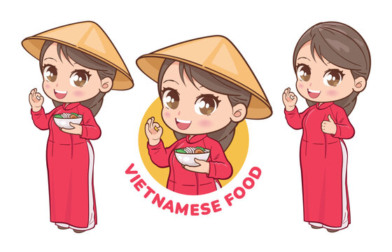 Cute Vietnamese girl wearing traditional dress and conical hat, holding a bowl of Pho soup. Vietnamese food illustration.