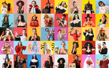Big collage of different people dressed for Halloween party on color background