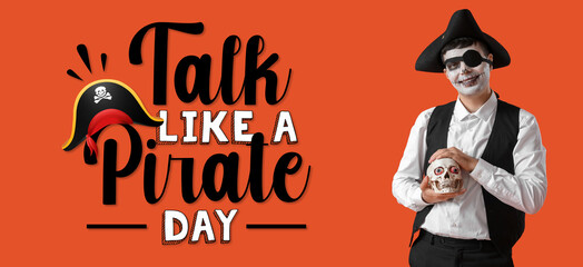 Young man dressed as pirate with skull on red background. Banner for Talk Like a Pirate Day