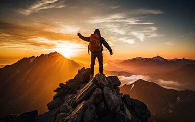 Hiker on a peak at sunrise. Generative AI