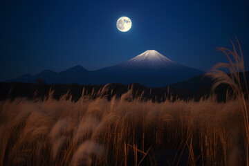 満月とススキと富士山