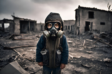 A little boy wearing a gas mask in desolate post-apocalyptic wasteland