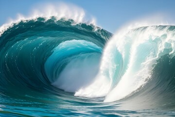 美しい青緑色の大波が自己を巻き込む、泡立つ海の力強さと静寂を描いた、ホライゾンラインが見える晴れた青空を背景にしたオーシャンビュー