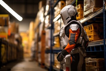 Futuristic logistics hub, advanced warehousing & intelligent distribution system, efficiency warehouse automation, shipment & smart inventory management, robotics & secure dispatch, Generative AI.