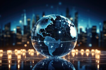 Global connectivity, exploring the futuristic cyberspace network, the smart city grid and 5g or 6g evolution, a worldwide web of intelligence, IoT, cloud computing, Generative AI. - obrazy, fototapety, plakaty