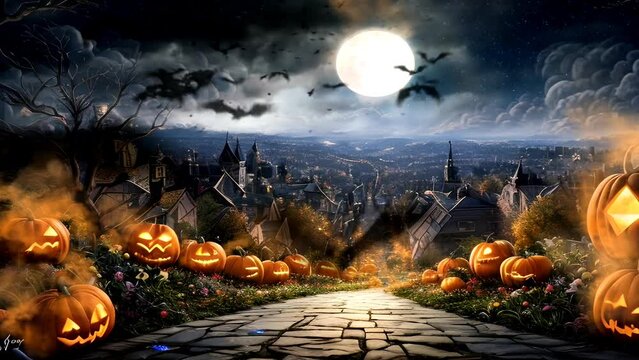 Scary Halloween Night Scene with bats surrounding a haunted house. Halloween pumpkin night scary animated looping video background