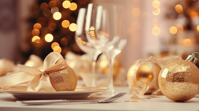 Elegant golden  theme table setting for Christmas and New year dinner, Generative ai