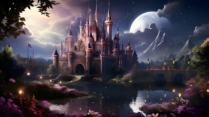Castle night fantasy landscape with bridge and river. Princess Castle on the cliff. Fairy tale castle in the mountains. Beautiful Magic nature city.