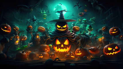 Happy Halloween Concept Jacko Lanterns and Ghosts in the Moonlight