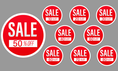 Set of discount label vector Illustration 10, 20, 30, 40, 50, 60, 70, 80, 90 percent, Promotion red and white design for an advertising campaign at retail clearance, special offer, tag, sticker flat.