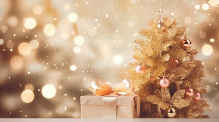 Gold gift box and Christmas tree, holidays, Christmas and New year 2024 concept, Generative AI