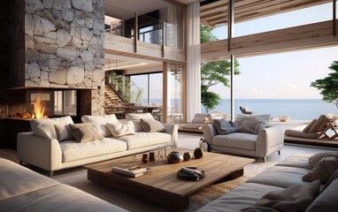 Luxury coastal style home interior design of modern living room in seaside house. Generative AI