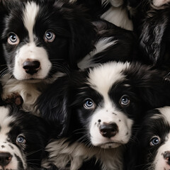 Cute collage of young sheepdog puppies with light blue eyes. Seamless pattern background.