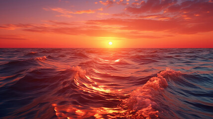 The sun rising over the ocean, illuminating the sky and water in shades of orange and pink