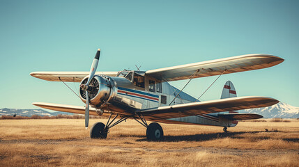 Vintage airplane parked on a grassy airfield, set against a backdrop of clear skies - obrazy, fototapety, plakaty