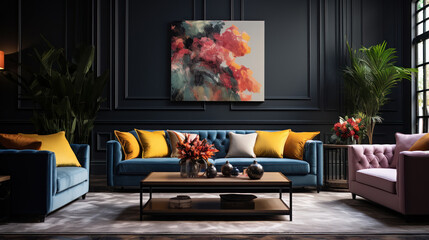 Luxurious living room featuring velvet sofas