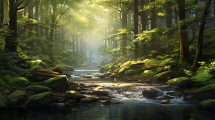 A gentle stream winds through a sun-dappled forest, its waters a soothing melody.