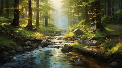 A gentle stream winds through a sun-dappled forest, its waters a soothing melody.