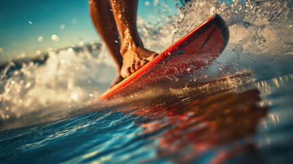 Surfer foot stepping on the surfboard, capturing the motion and balance