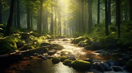 Fototapeten A gentle stream winds through a sun-dappled forest, its waters a soothing melody. © digi