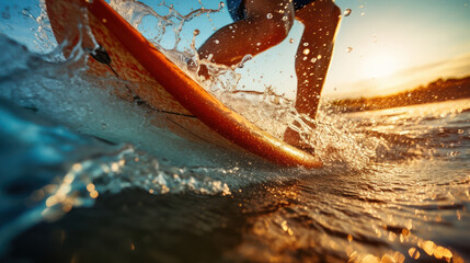Surfer foot stepping on the surfboard, capturing the motion and balance - obrazy, fototapety, plakaty