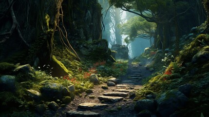 A mountain path, winding its way through a dense forest, leading to unseen wonders.
