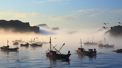 a picture of a misty morning on a remote island, with traditional fishing boats emerging from the fog, their forms gradually sharpening as they approach the viewer.