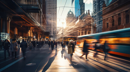 Fototapeta premium Bustling city street, capturing the essence of urban life with pedestrians, vendors, and public transport