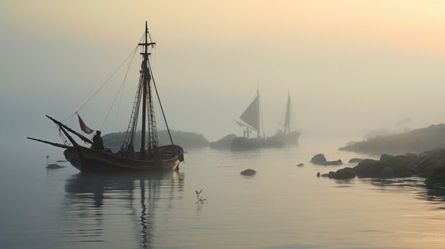 a picture of a misty morning on a remote island, with traditional fishing boats emerging from the fog, their forms gradually sharpening as they approach the viewer.
