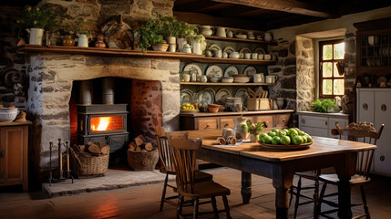 Rustic farmhouse kitchen featuring wooden furniture, vintage utensils, and a charming fireplace - obrazy, fototapety, plakaty