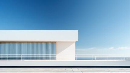 Obraz premium Minimalist building facade featuring sleek lines and geometric shapes, set against a clear sky