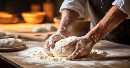 Artisan baker kneading dough on a rustic wooden table, surrounded by ingredients