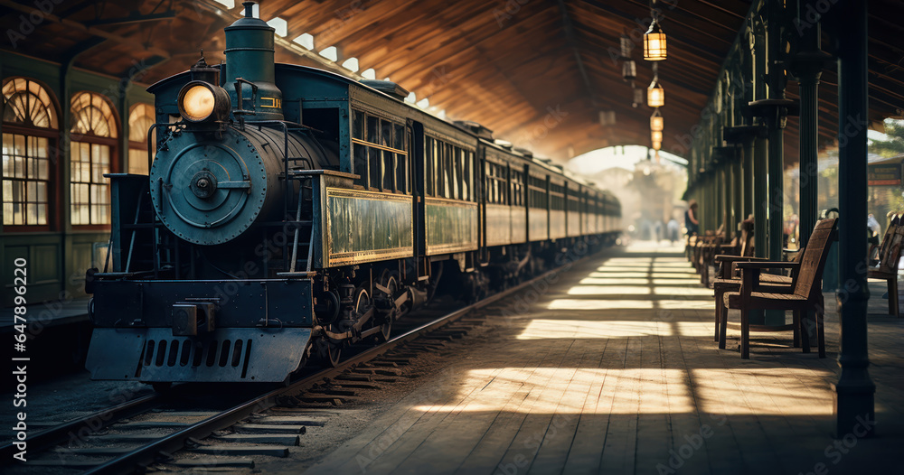 Wall mural vintage train station featuring an antique steam engine and classic wooden benches