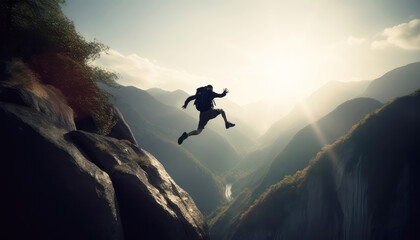 Silhouette of a person jumping and leaping on a mountain top.