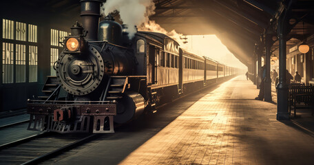 vintage train station featuring an antique steam engine and classic wooden benches - obrazy, fototapety, plakaty