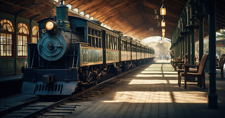 vintage train station featuring an antique steam engine and classic wooden benches - Powered by Adobe