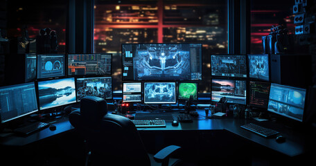 Cybersecurity expert workspace featuring multiple monitors displaying real-time threat analysis