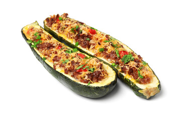 Tasty meat stuffed zucchini boats on white background
