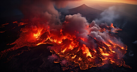 Fototapeta na wymiar Aerial view of an active volcano, capturing the molten lava flows and surrounding landscape