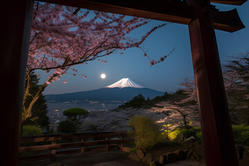 夜桜と富士山