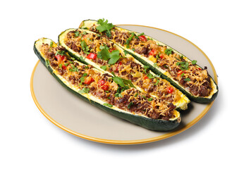 Plate with meat stuffed zucchini boats on white background